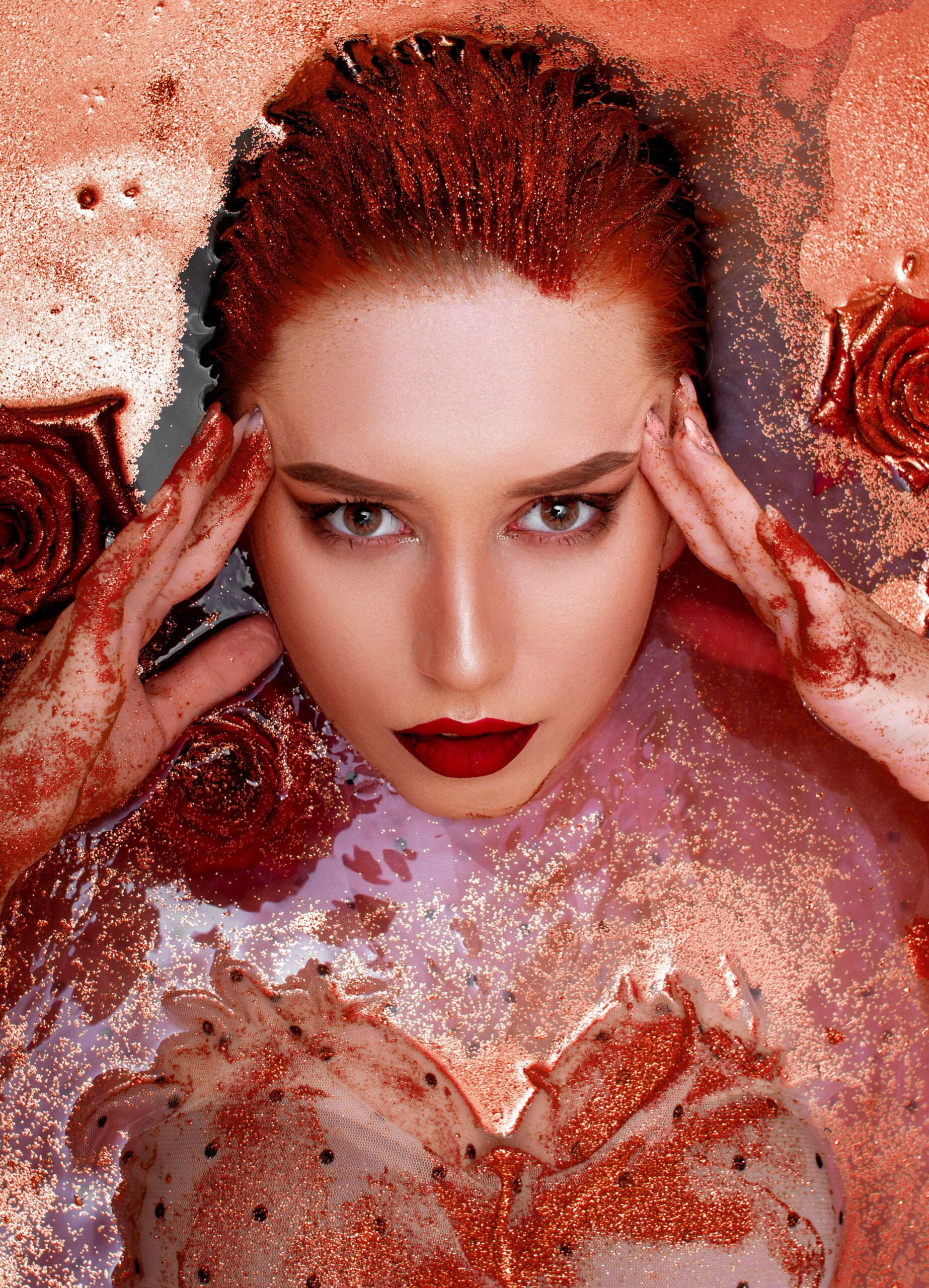 close up portrait young beautiful woman glittering bathtub